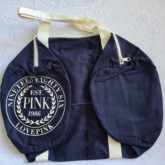 NWT VS PINK navy blue/cream duffel with PINK Logos - Picture 1 of 3